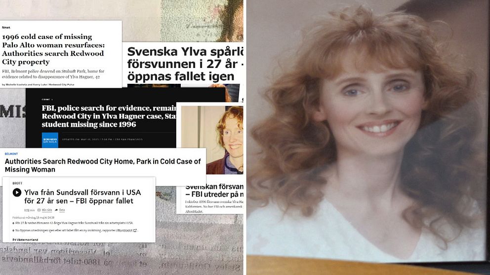 Bilden är ett montage. Till vänster syns flera skärmklipp från amerikanska och svenska medier som skriver om sökinsatserna. Till höger syns en bild på Ylva Hagner som Reidar Hagner har hemma hos honom.