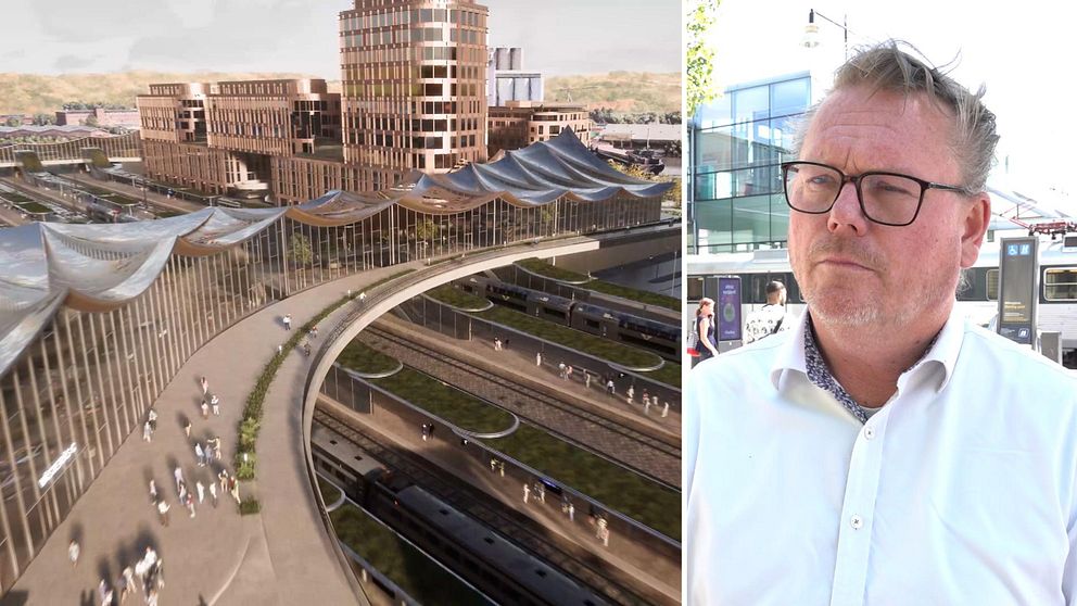 Designskiss över nytt resecentrum i Västerås. Staffan Jansson, kommunstyrelsens ordförande i Västerås.