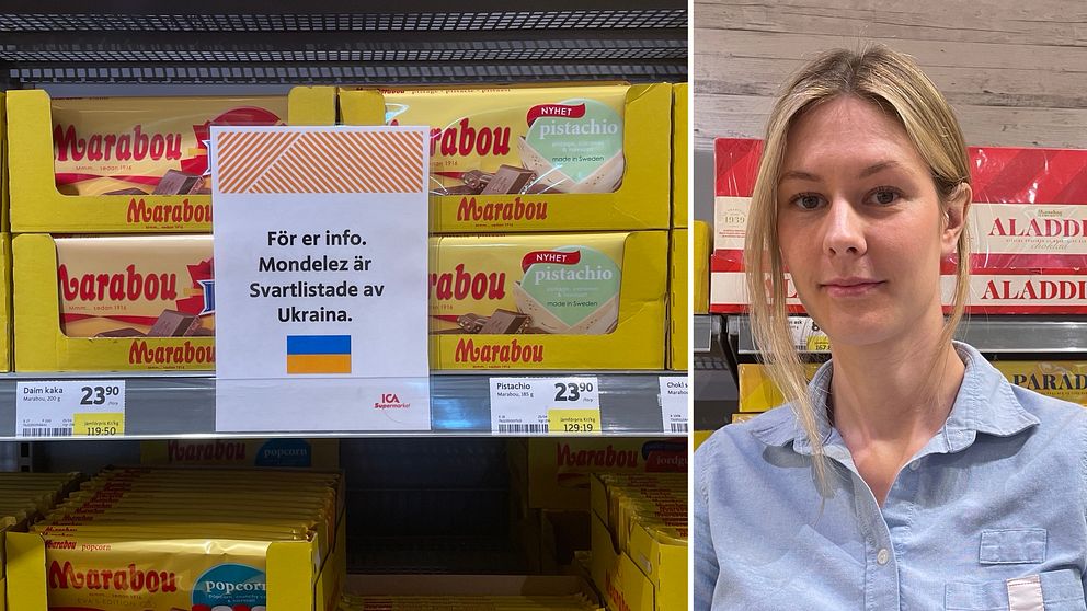 Mondelez, lapp om ukrainska svartlistan, handlaren Julia Nordevik med Mondelez varor i bakgrunden