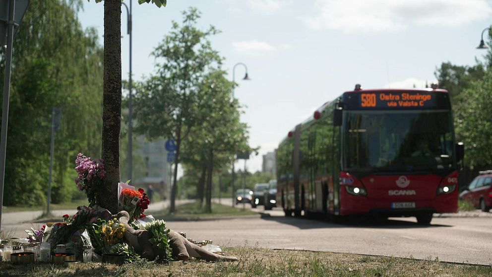 Blommor ligger intill vägen där en buss kör förbi.