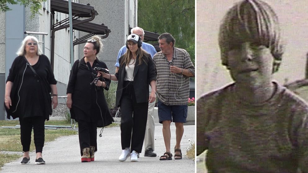 Bilden är ett montage. Till vänster syns Johan Asplunds mamma gå bredvid Camilla Läckberg, långt till höger syns Johan Asplunds pappa. De går i Bosvedjan.