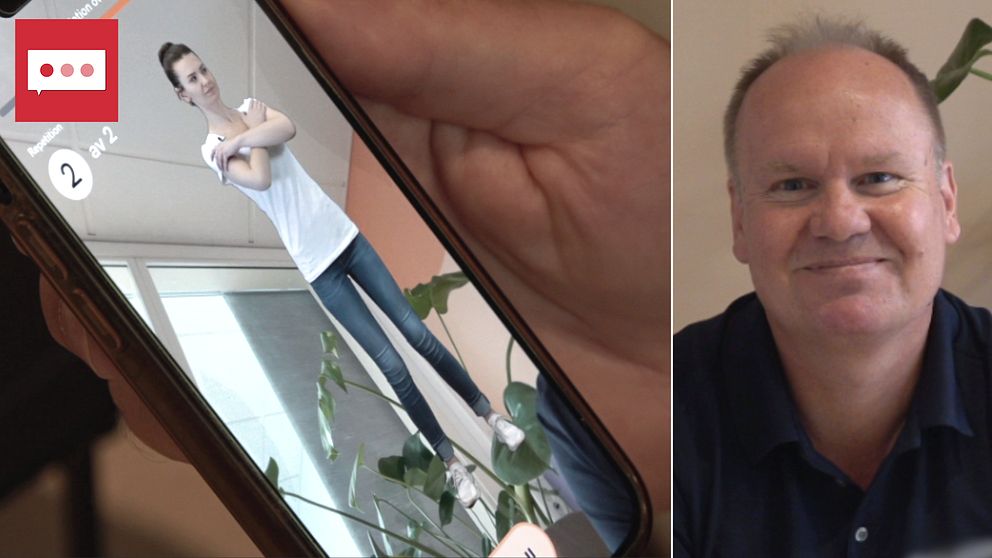 Telefon i närbild med en animerad kvinna som gör träningsövning. Splitbild till höger en leende man.