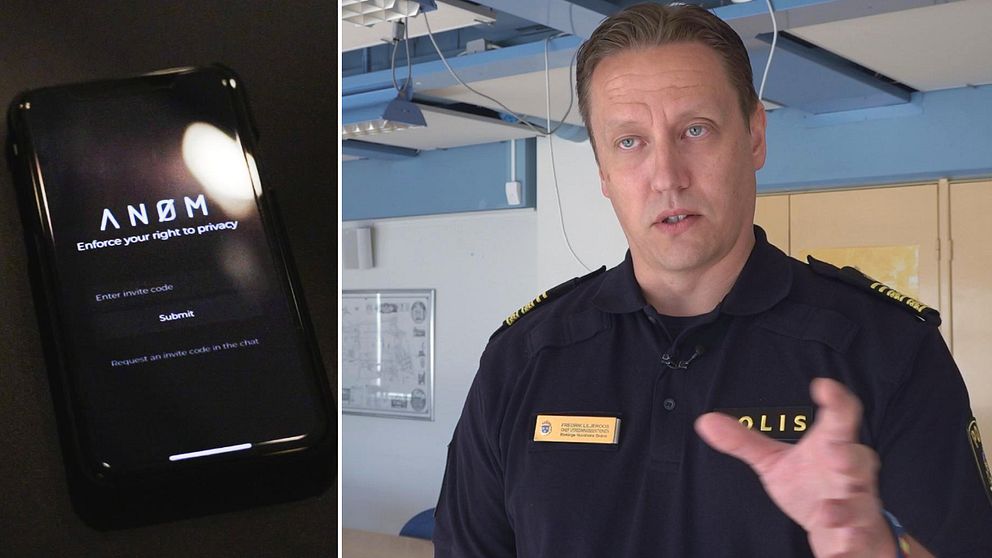 Till vänster en skärmdump på krypterad app, till höger polisen Fredrik Liljeroos