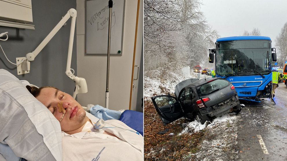 Ludwig Andersson ligger i sjukhussäng. Bild från trafikolyckan mellan personbil och buss i Lerum.