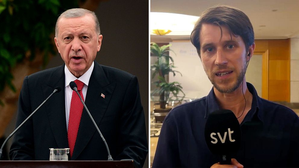 Turkiets president Recep Tayyip Erdogan bredvid bild på SVT:s Turkietkorrespondent Tomas Thorén.