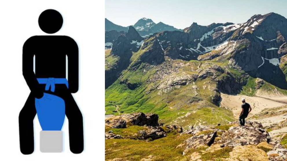 till vänster skiss över hur bajspåsen ska användas; till höger Lofotoddens nationalpark med en vandrare i förgrunden