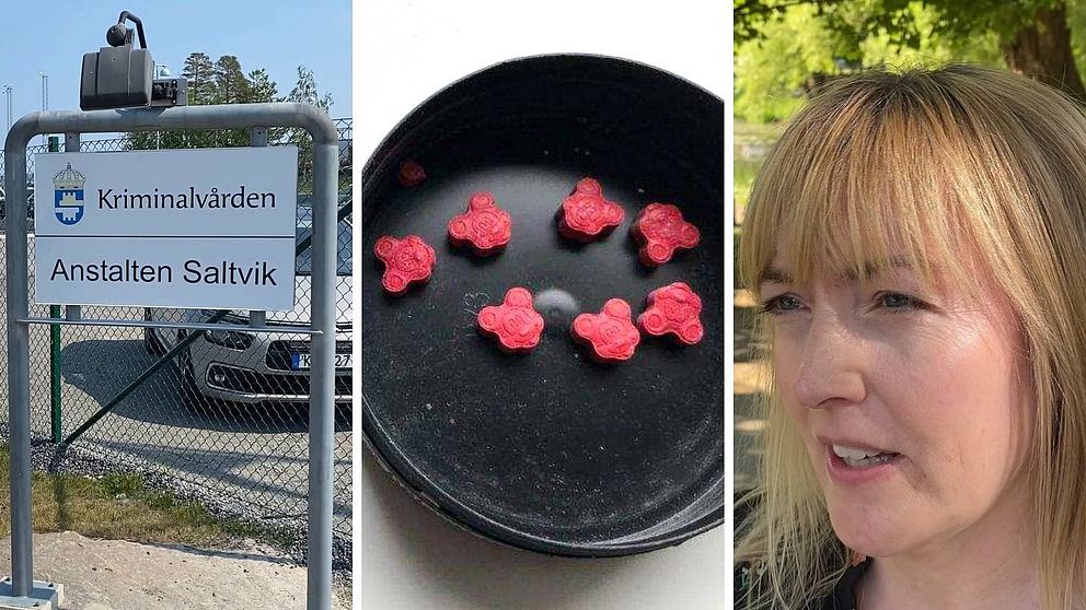 Skylt Saltviks kriminalvårdsanstalt, beslagtagen ecstasy, senior åklagare Malin Löfgren.