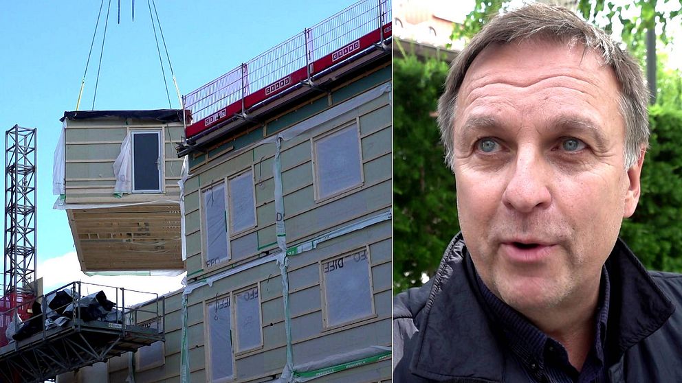 Till vänster: en bild på ett pågående bygge av ett bostadshus. Till höger: Lorents Burman, kommunstyrelsens ordförande i Skellefteå.