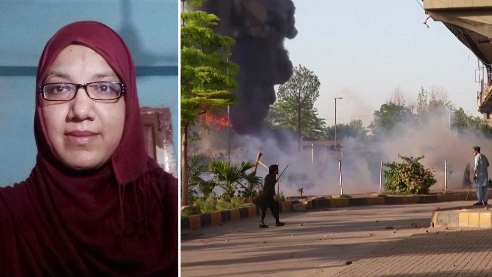 Syeda Saghir Fatima tittar in i kameran till vänster, till höger bild från pakistan och en brand och rök.