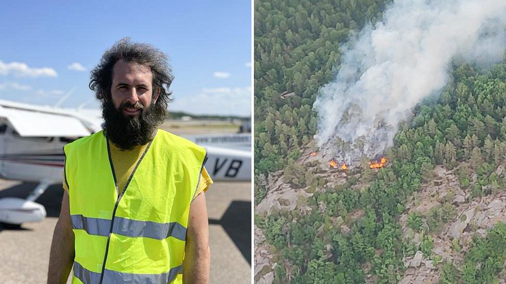 Hobbypiloten Peter Björkman, men med stort mörkt skägg och reflexväst framför ett brandflyg. Till höger en skogsbrand.