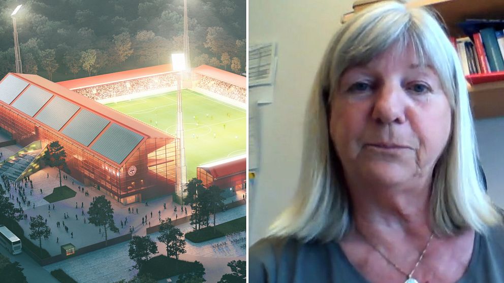 En animation av den tänkta nya fotbollsarenan i Värnamo och en bild på Inger Axelsson. Foto: Värnamo kommun, SVT