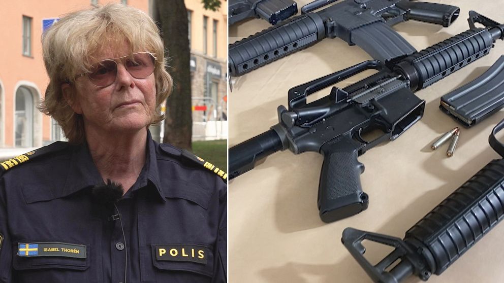 Kollage med en polis och en bild på vapen