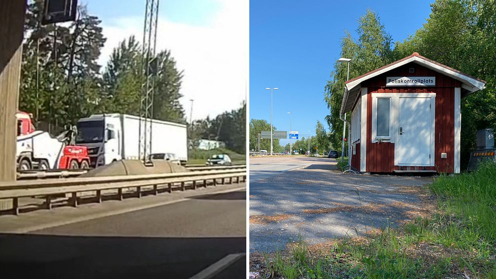 En lastbil som transporteras och en bild på en poliskontrollplats i Nyköping.