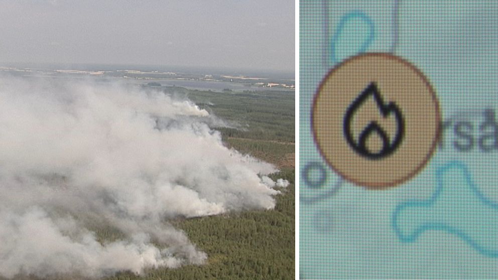 Kollage. Skogsbrand med kraftig rökutveckling till vänster. En skärm som visar en brandsymbol på en karta till höger.