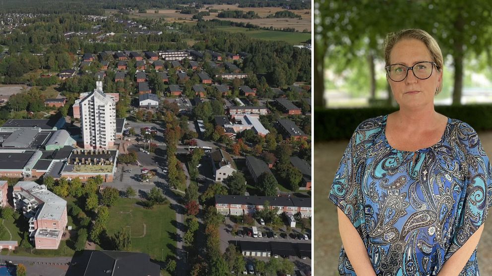 En tvådelad bild. Till vänster en drönarbild över stadsdelen Vivalla i Örebro. Till höger står en kvinna med klassögon och mönstrad blus och tittar rakt in i kameran.