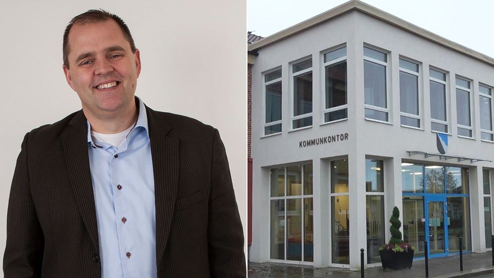 Delad bild med en leende Jens Leandersson från Sverigedemokraterna i Klippan till vänster. Till höger Klippans kommunkontor.