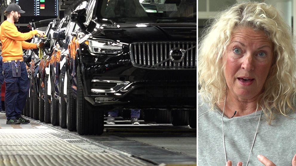 Varumärkesforskaren Eva Ossiansson vid Göteborgs univeritet tillsammans med en bild från bandet på volvos fabrik i Torslanda.