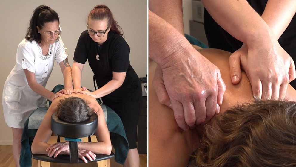 Två kvinnor masserar en person som ligger på massagebänk. Närbild på fyra händer som håller på axlarna. Jennifer Wagner och Lise-Lotte Carlsson, massörer från Karlskrona.