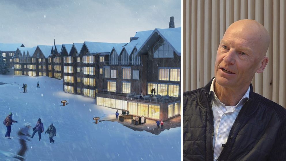 En illustration över byggnader i vintertid med människor i snön utanför. Till höger Mats Svensson som pratar in i kameran.