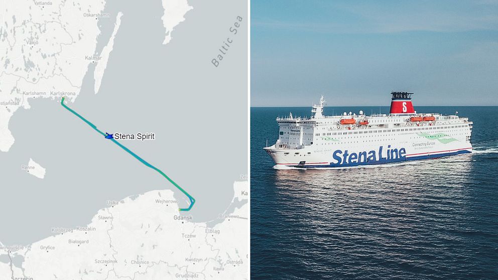 Tvådelad bild, till vänster en karta från Marinetraffic. Till höger en pressbild från Stena Line på fartyget Stena Spirit som trafikerar Polen-Sverige.