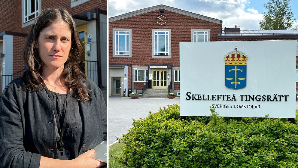 delad bild: porträttbild med Linnea Hedström – en mörkhårig kvinna – samt skylt utanför Skellefteå tingsrätt