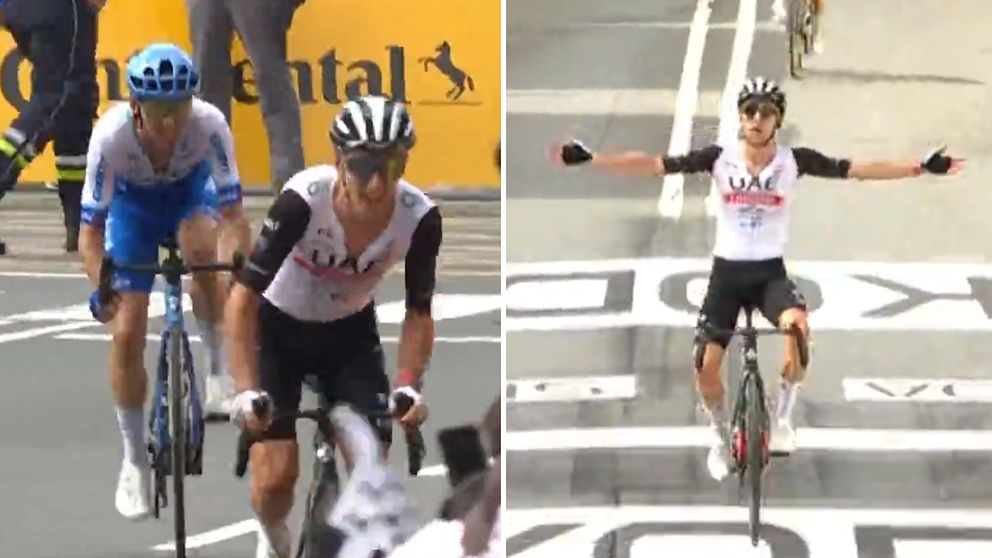 Här vinner Adam Yates den första etappen i Tour de France – mot tvillingbrodern