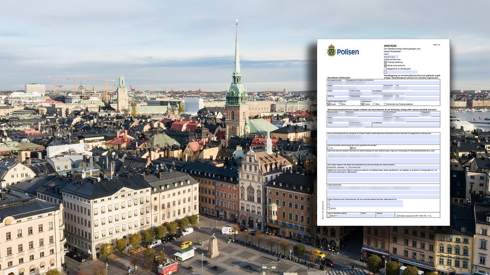 Bild över Stockholm i ett montage med en ansökan till polisen.