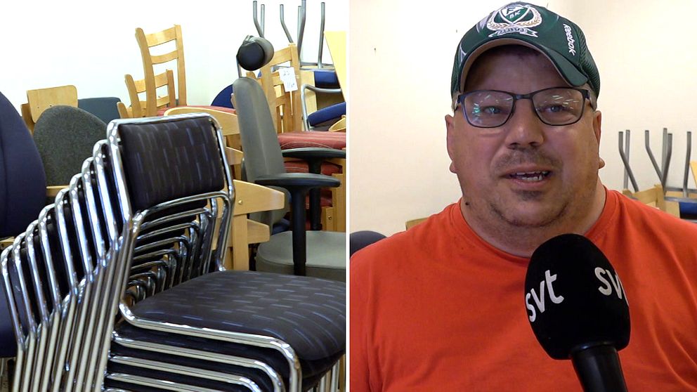 Stolar på hög och Mats Larsson, deltagare på Möbelbanken i Sunne, som blir intervjuad av SVT.