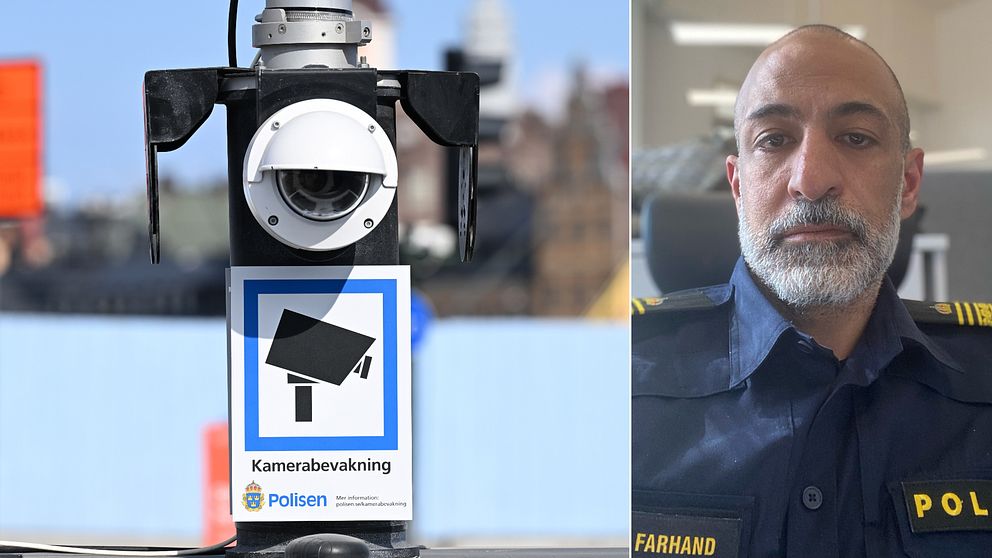 Kollage med övervakningskamera till vänster och porträttbild på polis till höger.