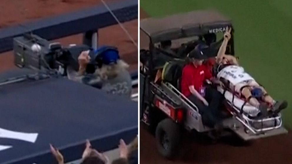 Yankees kameraman fick stenhård boll i huvudet.