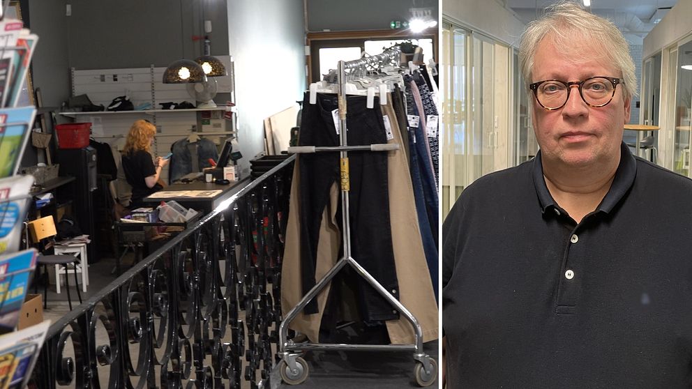 En bild från en klädbutik och en bild på  Jörgen Sköld, HR-chef för Lindra second hand.