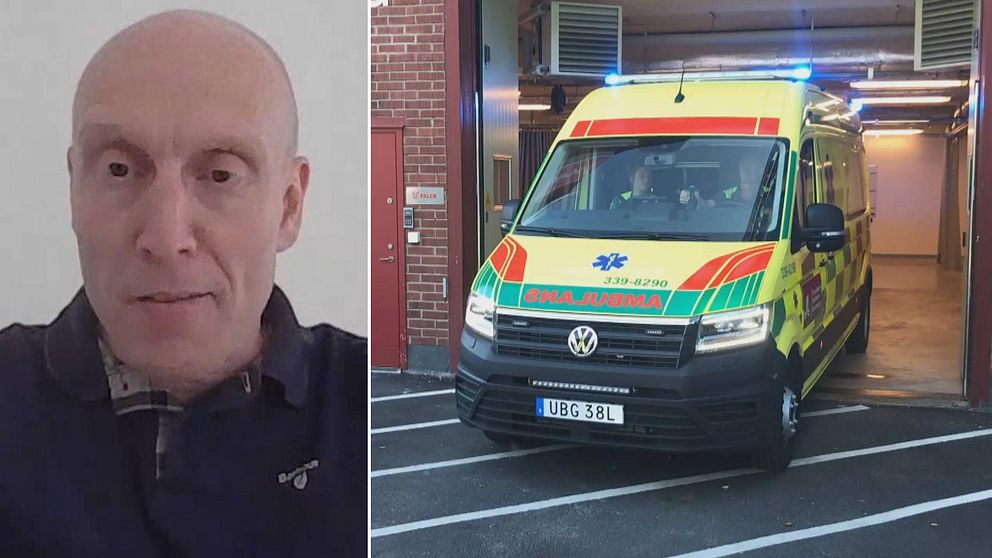Johan Berlin professor på Högskolan Väst och en ambulans till höger i bild.