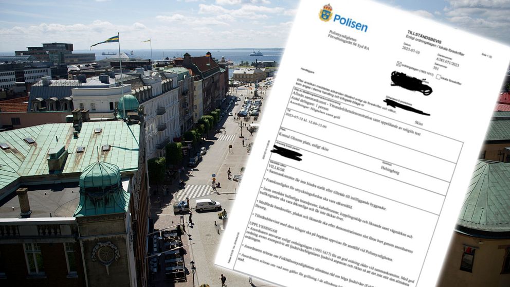 En bild på Helsingborg stadskärna och en suddig bild på tillståndsbeviset från polisen.