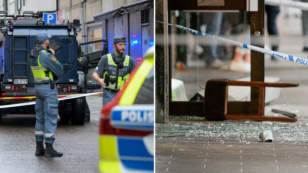 dubbelbild: bomskyddets svarta fordon med två uniformerade män framför + glassplitter och vält stol och polisband