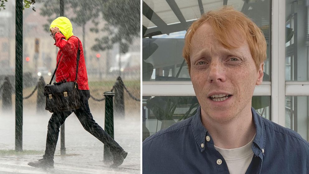 Splitbild med en person i kraftigt regn och SVT:s meteorolog Marcus Sjöstedt.