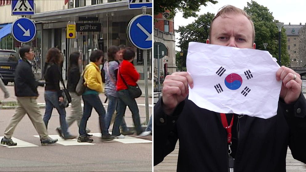 Turister går på gatan, samt SVT:s reporter håller upp bild på