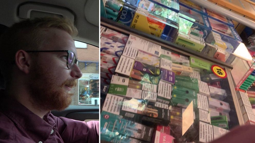 Till vänster en bild av en person sitter i en bil. Till höger en bild på en disk i en affär med olika vapeprodukter.