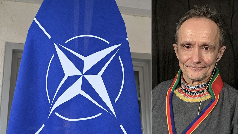 till vänster Natoflagga; till höger Sametingets ordförande Håkan Jonsson