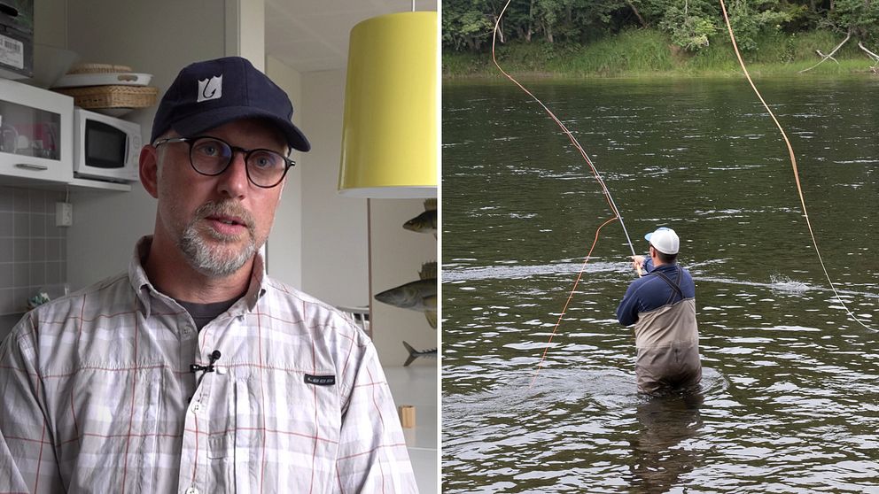 Carl-Fredrik Yri från organisationen Sportfiskarna, en man i keps och glasögon intervjuas.