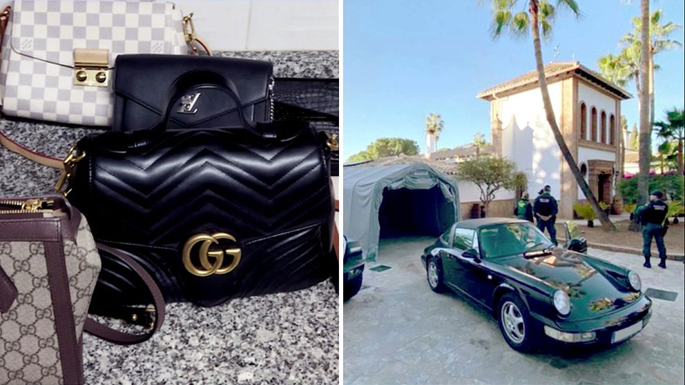 delad bild: några handväskor av dyra märken, samt en svart sportbil som vaktas av poliser, framför palmer och en fin stenbyggnad