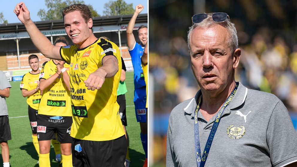 Mjällbys sportchef Hasse Larsson och en bild på en fotbollsspelare.