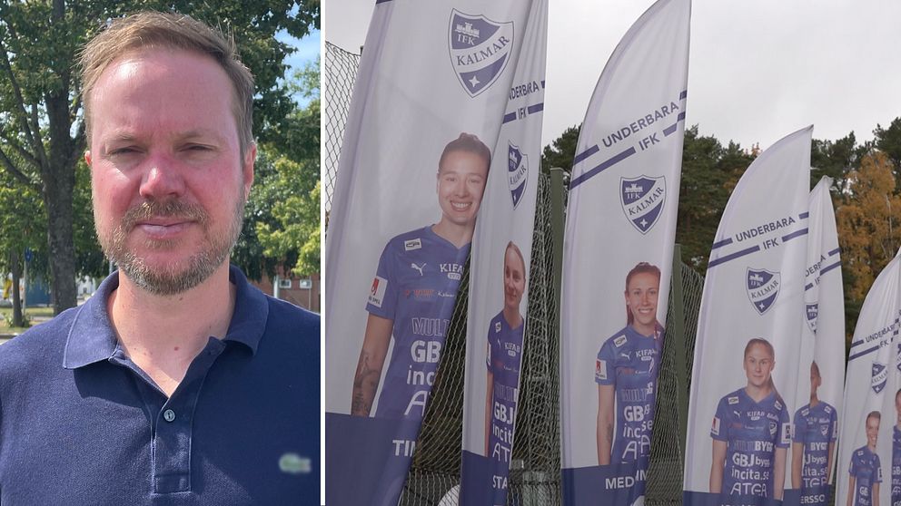 Ordförande IFK Kalmar Henrik Rosvall. Flaggor med bilder på spelare från damlaget.