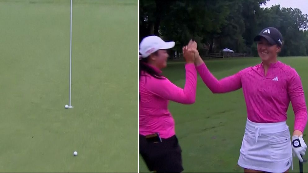 Linn Grant jublar efter att ha gjort en eagle på elfte hålet