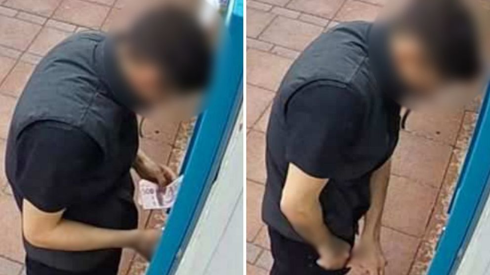 Bilderna är från polisens förundersökning. Till vänster syns mannen hålla i 500-sedlar och till höger syns det hur mannen har handen i fickan.