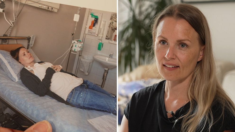 Jeanette Sjöblom ligger på en sjukhussäng (till vänster), Jeanette Sjöblom intervjuas av SVT (till höger)