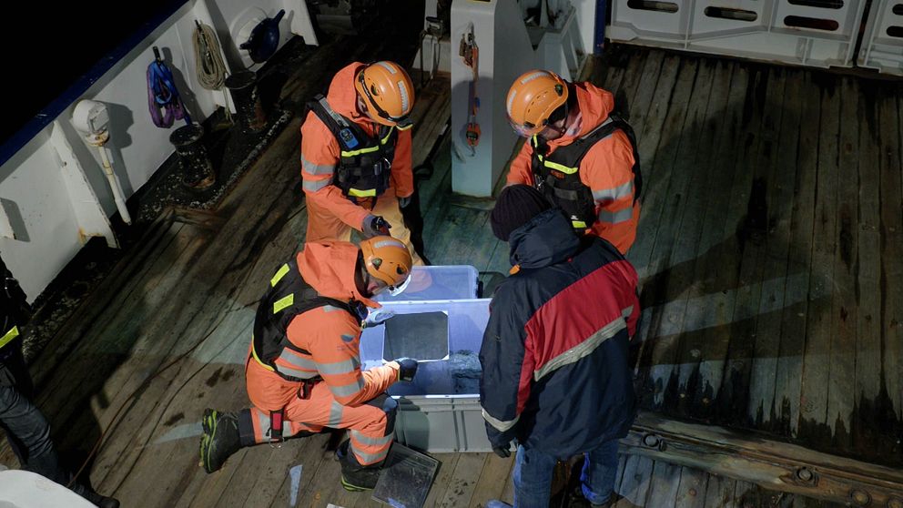 Fyra män i orangea arbetskläder står lutade över en låda på en båt. Det är mörkt ute och männen har på sig hjälmar med lampor. Ett företag har beviljats tillstånd att undersöka utvinning av mineral från Bottenviken.