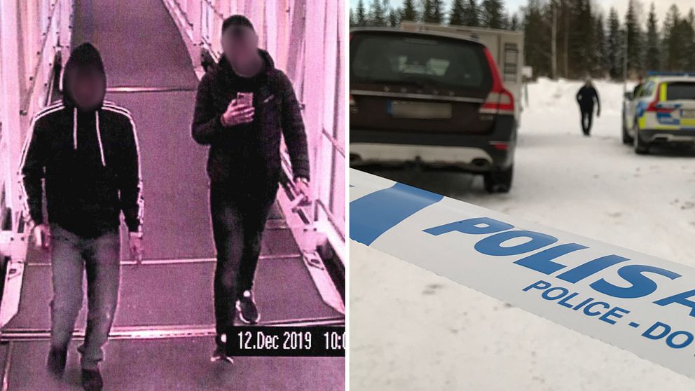 Bilden är ett montage. Till vänster syns en övervakningsbild från Arlanda, där syns två män gå. Till höger syns en bild med polisens avspärrningstejp, i bakgrunden syns en polisbil och en svart bil.