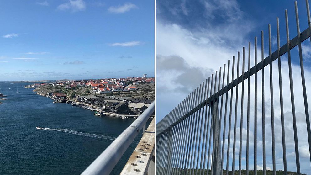 Utsikten över Smögen och Kungshamn fotograferas flitigt från bron. Till höger ses de hoppskydd som finns på Angeredsbron och som kommer att monteras på Smögenbron.