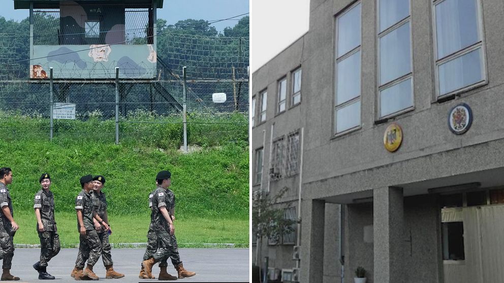 Sydkorea vid gränsen till Nordkorea och till höger en bild på Sveriges ambassad i Nordkorea.