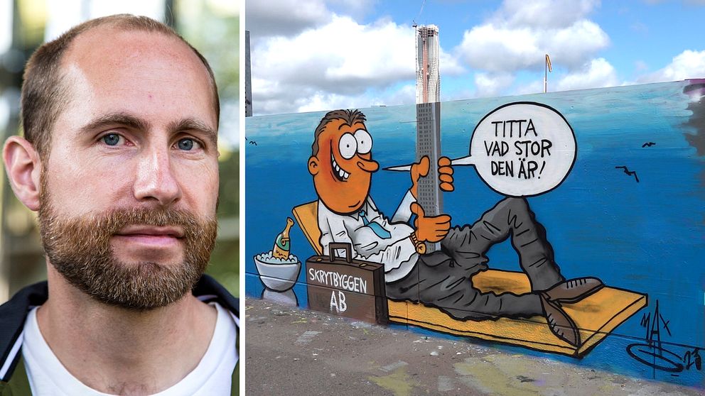 Dubbelbild: porträtt på korthårig man med skägg / graffitimålning på byggherre med en byggnad som kommer ut ur gylfen och övergår i det faktiska Karlatornet ovanför planket